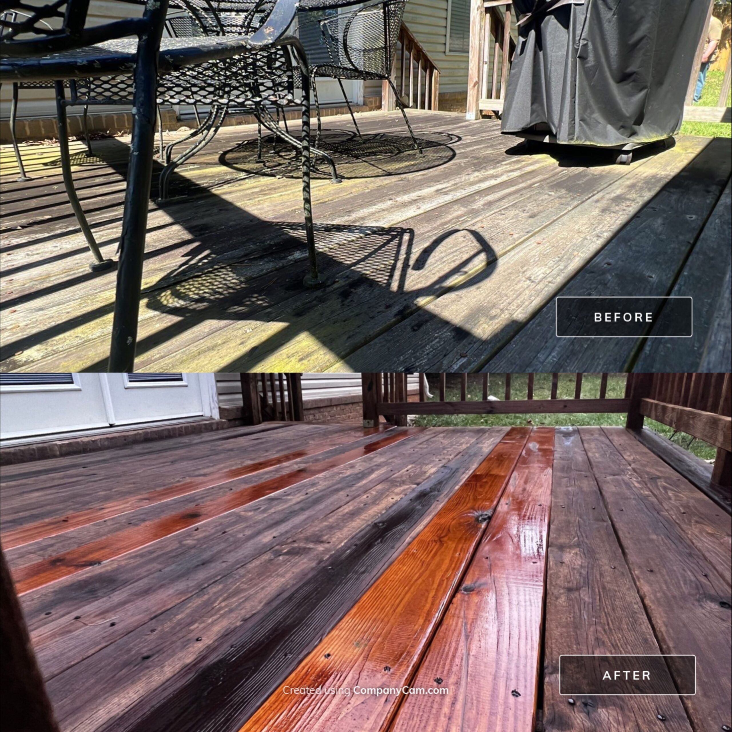 A worker installing new decking boards using power tools.