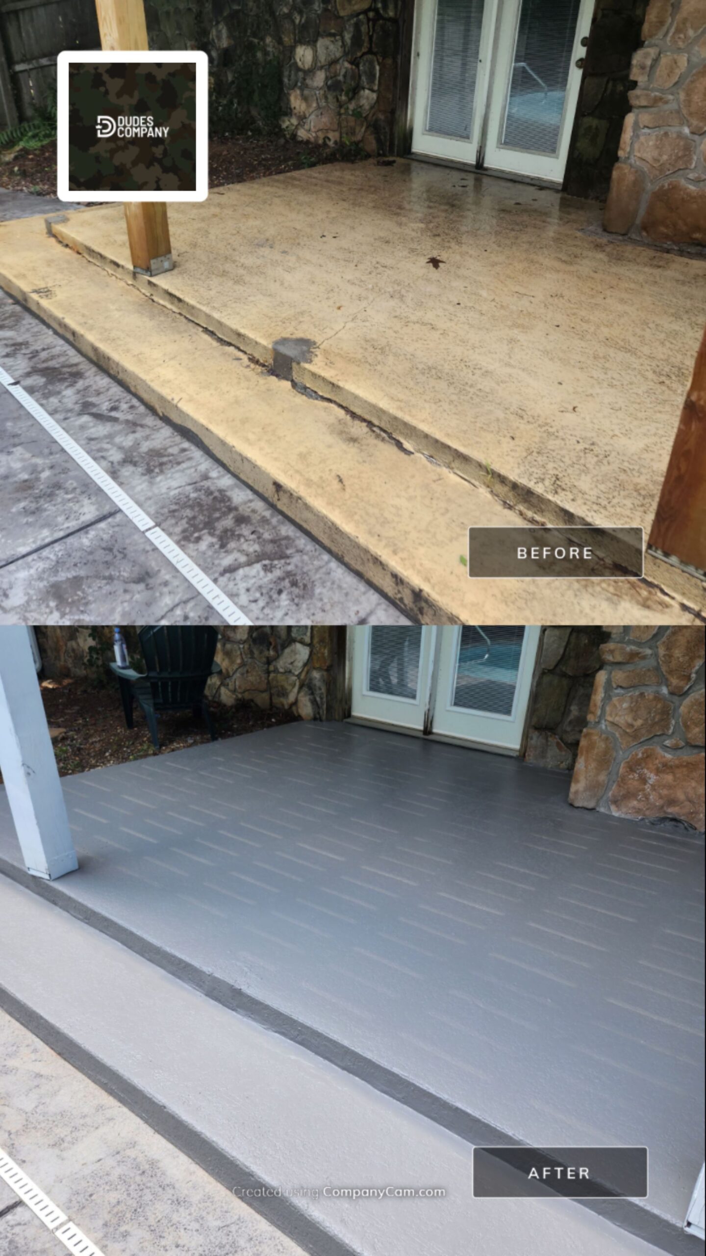 Restored concrete patio surface shown before and after the repair.